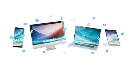 Tech devices and icons applications connected 3D rendering
