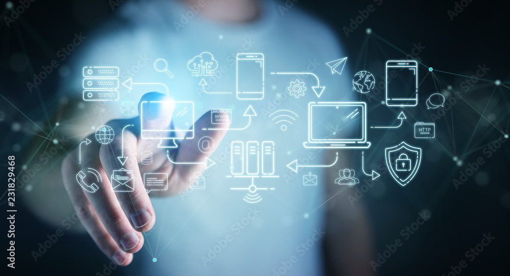 Poster Businessman using tech devices and icons thin line interface