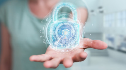 Web security protection interface used by businesswoman 3D rendering