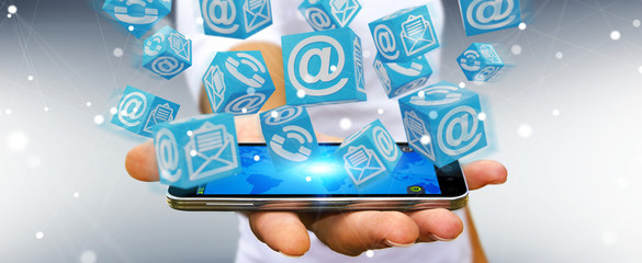 Businessman using floating cube contact 3D rendering