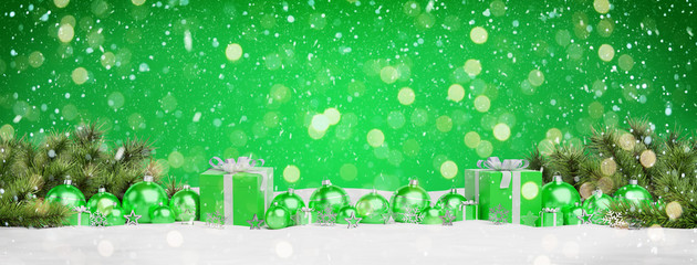 Green christmas baubles and gifts lined up 3D rendering