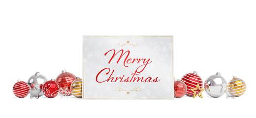 Christmas card greetings laying on red baubles isolated 3D rendering