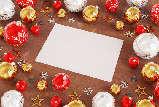 Christmas card mockup with red baubles 3D rendering