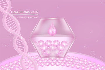 Hyaluronic acid skin solutions ad, pink collagen serum drop with cosmetic advertising background ready to use, vector illustration.	