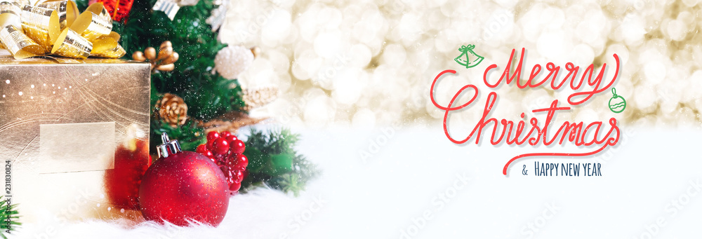 Poster red merry christmas and happy new year handwriting with xmas tree and gift box at blur bokeh light b