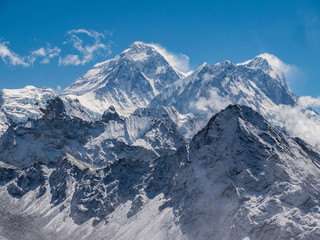 Snowy view of the Mount Everest and the himalayas from Gokyo Ri on a clear day