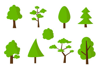 Flat big green tree icons set
