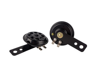 Motorcycle round electric horn speaker DC 12V, The mounting bracket fits many motorcycle models isolated on white background.