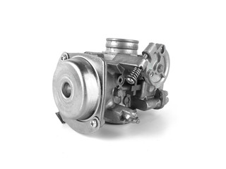 Carburetor motorcycle part engine on white background.