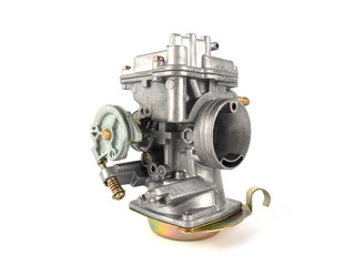 Carburetor motorcycle part engine on white background.