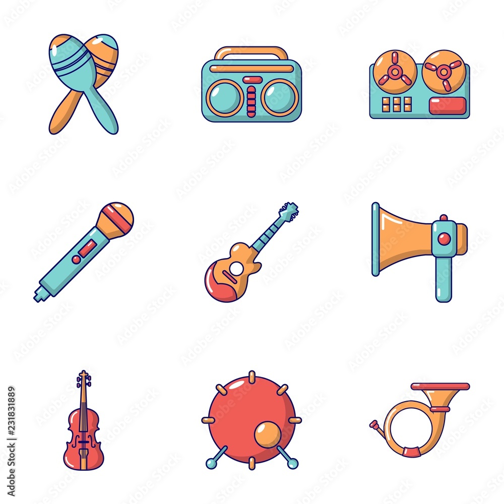 Poster music game icons set. cartoon set of 9 music game vector icons for web isolated on white background