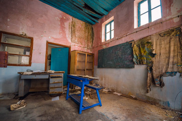 ruined classroom in an abandoned village in crete called kalami.