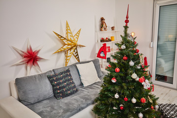 Christmas room at home expecting people for party.