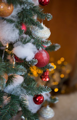 Christmas tree in interior. Christmas background. closeup shot. blurred background