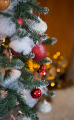 Christmas tree in interior. Christmas background. closeup shot. blurred background