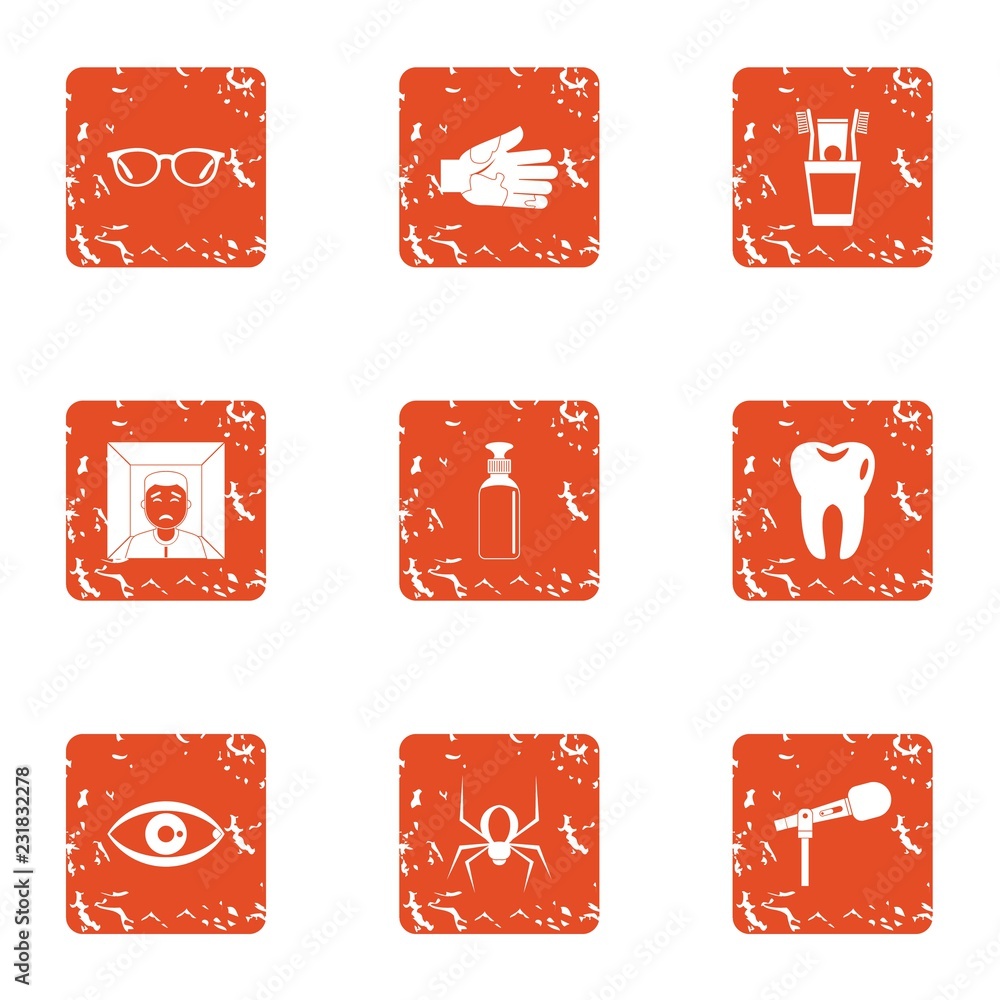 Poster phobia icons set. grunge set of 9 phobia vector icons for web isolated on white background