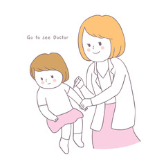 Cartoon cute woman doctor is injecting the baby vector.