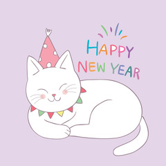 Cartoon cute cat happy new year vector.