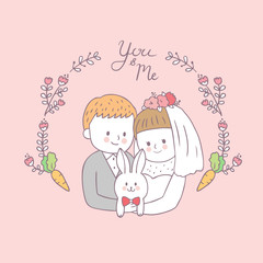 Cartoon cute Bride hug groom and rabbit vector.