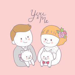 Cartoon cute Bride and groom and cat vector.