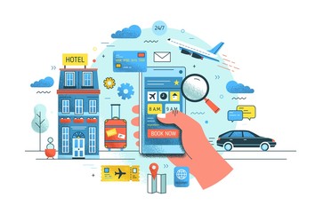 Hand holding smartphone against hotel building, flying plane, riding car and suitcase on background. Concept of online service for early booking. Colorful vector illustration in modern flat style.