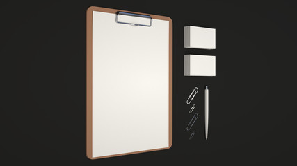 Clipboard, business cards, paper clips and pen