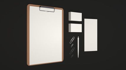 Clipboard, business cards, leaflet, paper clips and pen