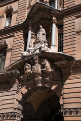 Fototapeta na wymiar Sydney Australia, entrance to historic GPO building, built 1866-1874 with Queen Victoria supported by classical allegories and coat of arms over the main entrance