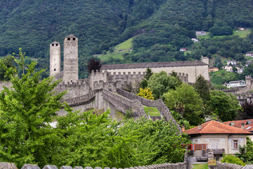 Fototapeta na wymiar The back view of the Medieval fortification Castelgrande, Bellinzona, Canton Ticino, Switzerland