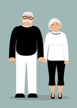 Happy family seniors: smiling holding hands smart elderly man and woman in full growth on the blue background. Vector illustration