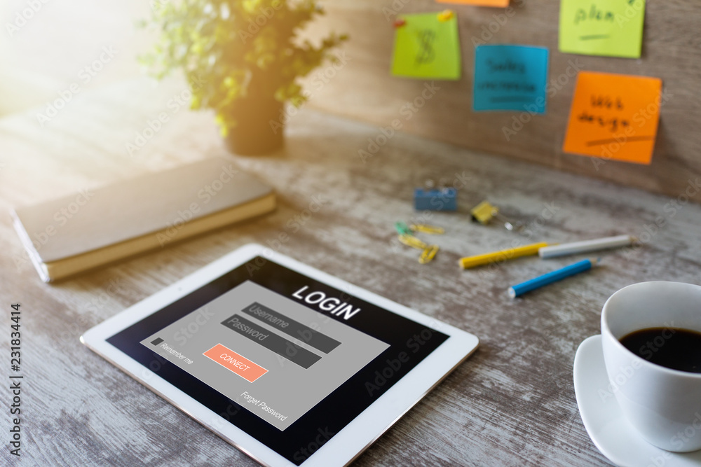Poster Access window. Enter login and password. Cyber protection. Information privacy. Internet and technology concept.