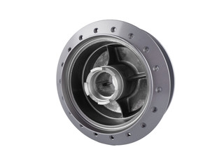 Spare parts of motorcycle front hub drum brake isolated on white background.