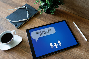 Voice assistant on device screen. Internet technology and digital marketing concept.