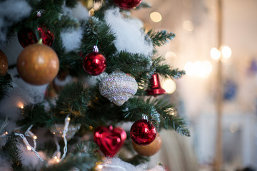 Christmas tree in interior. Christmas background. closeup shot. blurred background