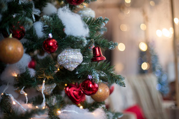 Christmas tree in interior. Christmas background. closeup shot. blurred background