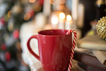 Christmas tree in interior. Christmas background. closeup shot. blurred background