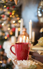Christmas tree in interior. Christmas background. closeup shot. blurred background