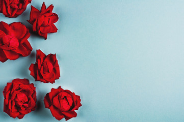Scattered red roses on blue background. Love concept