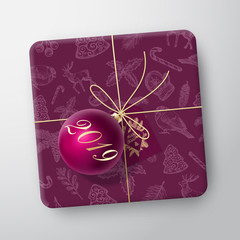 Purple Christmas Gift Box Card. Abstract Vector Wrapped Paper Container with Greetings Tag and Ball. Packaging Design Illustration. Hand Drawn Xmas Background Seamless Pattern.
