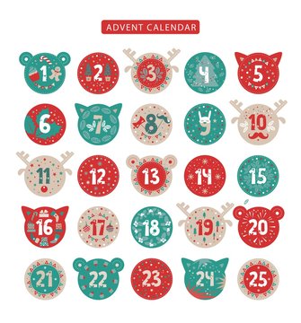 Merry Christmas advent calendar design. Advent calendar with various seasonal objects and symbols. Stickers in the form of the head of a cat, deer, bear. Vector illustration
