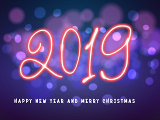 Happy New Year 2019, written neon, depicted on a white background. Brilliant bright glowing holiday illustration for greeting the new year and season.