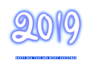 Happy New Year 2019 written neon depicted on a white background. Brilliant bright glowing holiday illustration for greeting the new year and season.