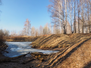 Fototapeta na wymiar Spring Park, melting snow and ice. Russian spring nature. Russia, Ural, Perm Region