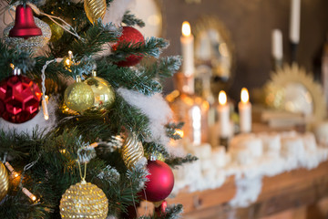 Christmas tree in interior. Christmas background. closeup shot. blurred background