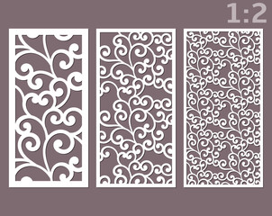 Laser cut ornamental panels template set with swirls pattern. Ratio 1:2. Interior screen, wall or window panel cutting template, wood carving.