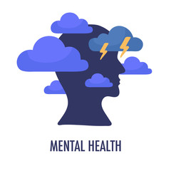 Mental health concept illustration. Head silhouette icon with clouds and lightning. Depressive state of mind,anger, bad mood, OCD. Psychology and psychiatry sign logo. Vector isolated on white
