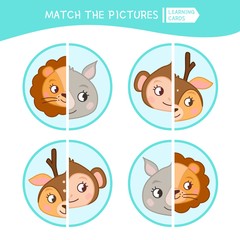 Matching children educational game. Match parts of cartoon animals. Activity for pre shool years kids and toddlers.