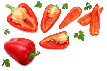 sliced red sweet bell pepper isolated on white background. top view