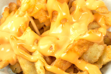Tasty french fries with cheese sauce. Deep fry potato or appetizer.