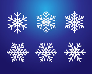 Fototapeta na wymiar Winter white christmas frost vector icon snowflakes isolated silhouette symbol. Snowflake line set white color on blue background